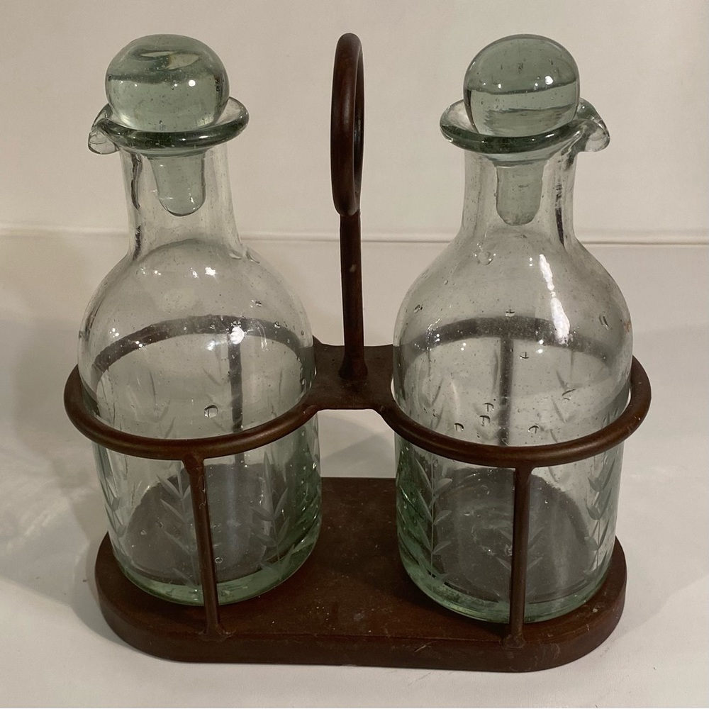 Pottery Barn Hand Blown Etched Glass Cruet with Glass Stoppers In Metal Caddy
